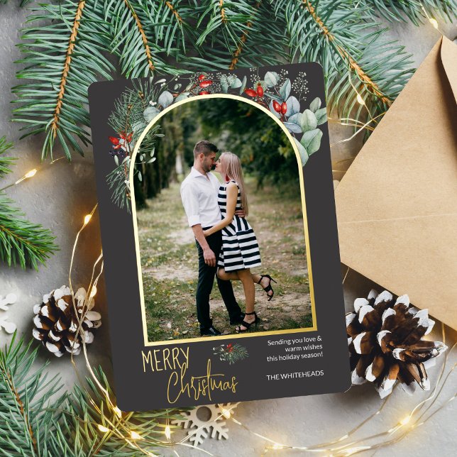 Greenery Arch Merry Christmas Photo Dark Grey Foil Holiday Card (You will love these beautiful Christmas cards! They feature botanical watercolor pine and berries.)