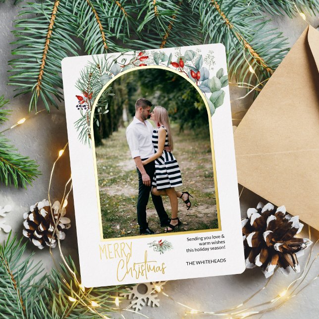Greenery Arch Merry Christmas Photo White Foil Holiday Card (You will love these beautiful Christmas cards! They feature botanical watercolor pine and berries.)
