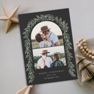 Greenery Arch Modern Script 2 Photo Christmas Holiday Card
