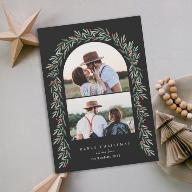 Greenery Arch Modern Script 2 Photo Christmas Holiday Card (Creator Uploaded)