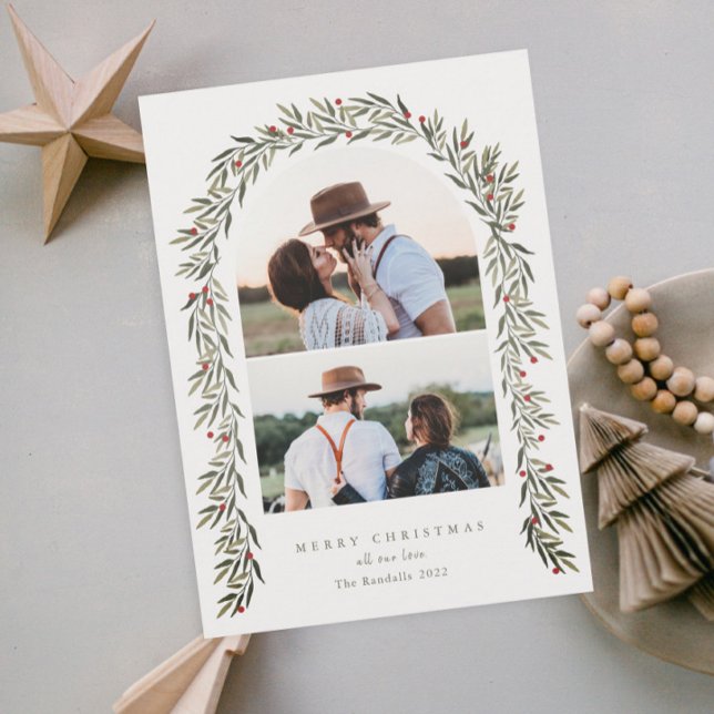 Greenery Arch Modern Script 2 Photo Christmas Holiday Card (Elegant greenery arch 2 photo christmas holiday cards.)