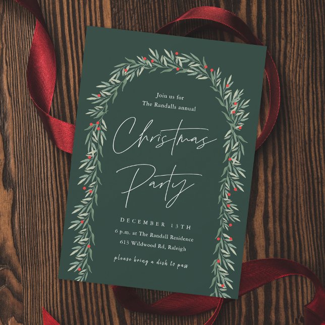 Greenery Arch Modern Script Christmas Party Invitation (Elegant Hand-painted Greenery Arch Christmas Party Invitaitons.)