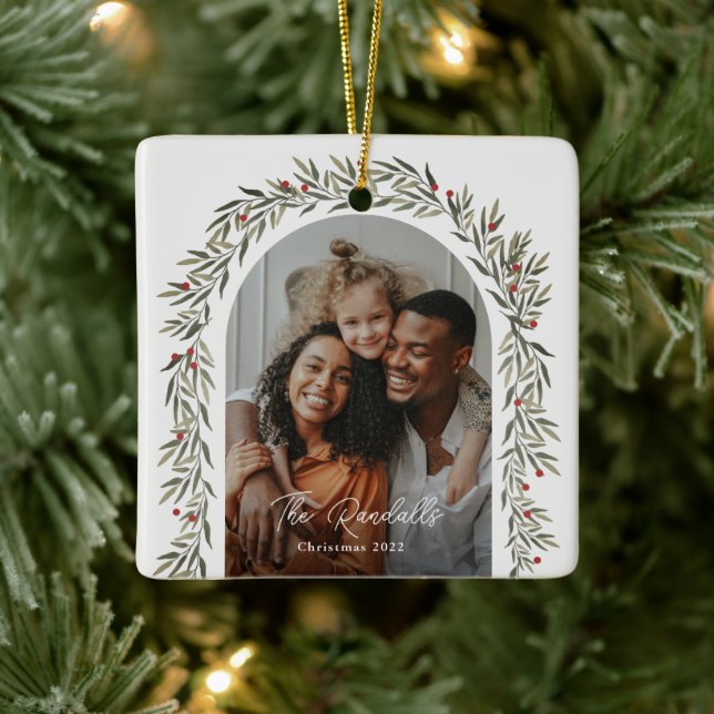 Greenery Arch Modern Script Photo Christmas Ceramic Ornament (Tree)