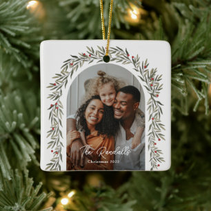 Greenery Arch Modern Script Photo Christmas Ceramic Ornament