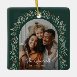 Greenery Arch Modern Script Photo Christmas Ceramic Ornament