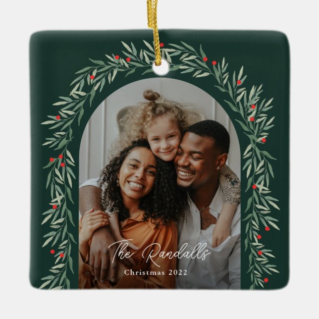 Greenery Arch Modern Script Photo Christmas Ceramic Ornament (Front)