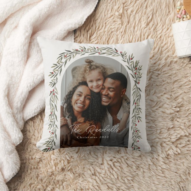 Greenery Arch Modern Script Photo Christmas Cushion (Blanket)
