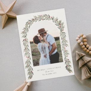 Greenery Arch Modern Script Photo Christmas Holiday Card