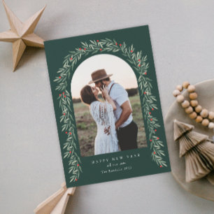 Greenery Arch Modern Script Photo Happy New Year Holiday Card