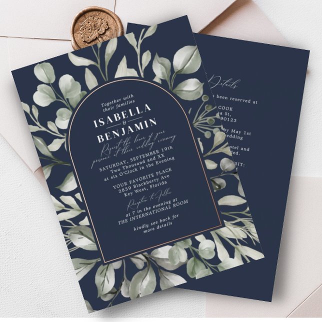 Greenery Arch Navy RSVP QR Code Wedding Rose Gold (Creator Uploaded)