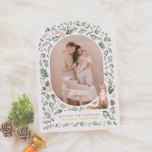 Greenery Arch Watercolor Woodland Christmas Photo Foil Holiday Card