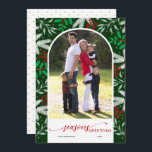 Greenery Arched Photo Green Season's Greetings Holiday Card<br><div class="desc">This flat greeting card features a modern vertical arched photo frame accented with a border of winter greenery. The design offers elegant script text and a dark green background. Photography © Storytree Studios,  Stanford,  CA</div>