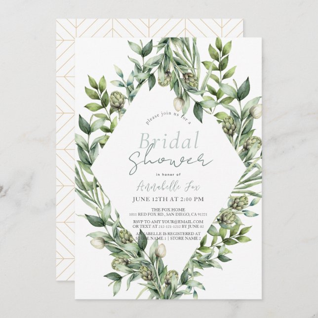 Greenery Artichoke Watercolor Green Bridal Shower Invitation (Front/Back)