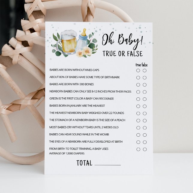 Greenery Baby Is Brewing True Or False Game Card (Beer Sage Green Baby Shower Oh Baby True or False Game)
