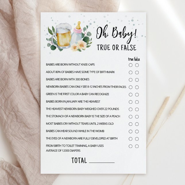 Greenery Baby Is Brewing True Or False Game Pink (Greenery and Beer Baby Brewing Baby Shower Oh Baby True or False Game)