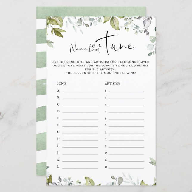 Greenery Baby Shower Game - Name That Tune (Front/Back)