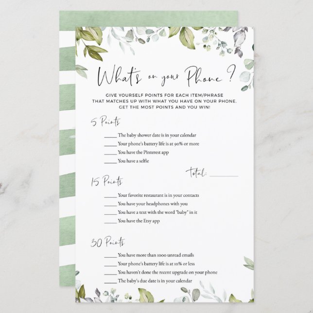 Greenery Baby Shower Game What's On Your Phone? (Front/Back)