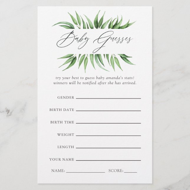 Greenery Baby Shower Guessing Game (Front)