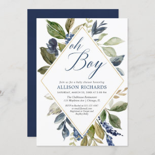 Greenery baby shower, navy blue green foliage boy invitation