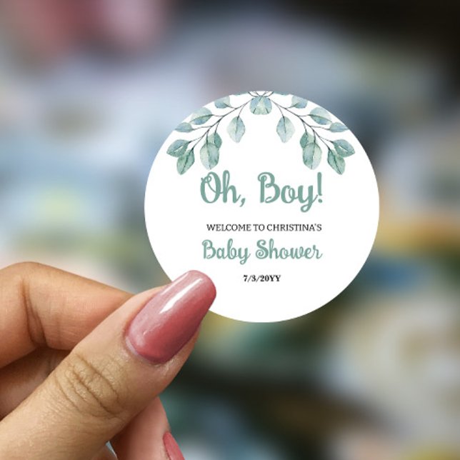 Greenery Baby Shower Oh boy  Classic Round Sticker (Creator Uploaded)