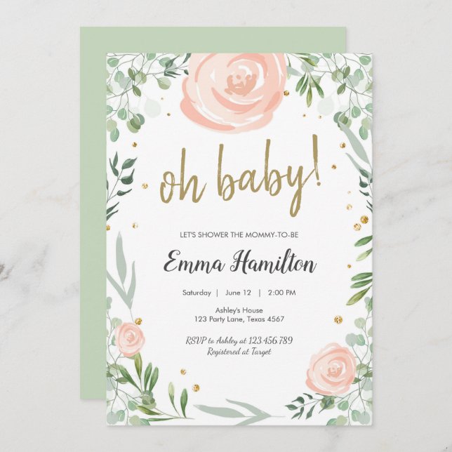 Greenery Baby Shower Roses Leaves Wedding Pink Invitation (Front/Back)