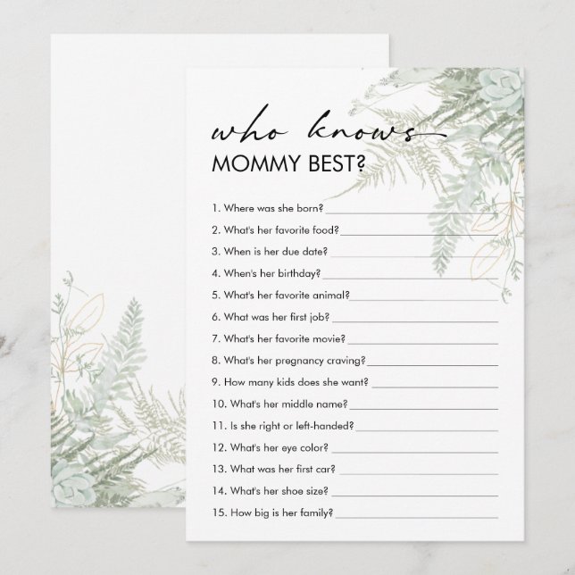 Greenery Baby Shower Who Knows Mummy Best Card (Front/Back)