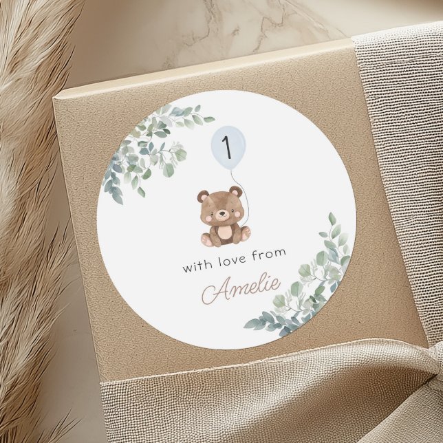 Greenery Balloon Teddy Bear First Birthday Neutral Classic Round Sticker (Creator Uploaded)
