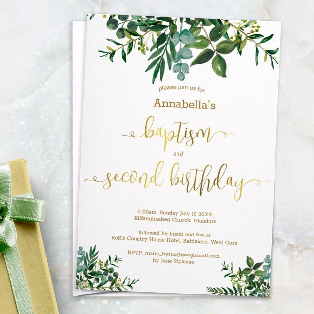 Greenery Baptism & 2nd Birthday Gold Script Invitation (Creator Uploaded)