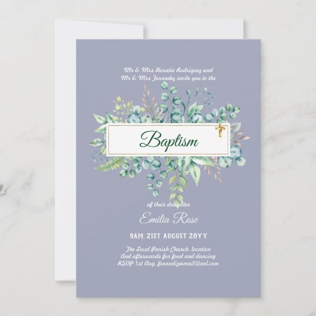 Greenery Baptism Bautizo Bautismo Christening Invi Invitation (Front)