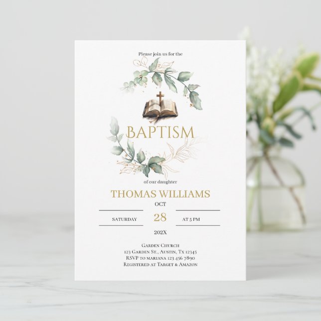 Greenery Baptism  Invitation (Standing Front)