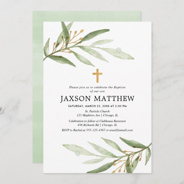 Greenery baptism invitation green gold watercolor (Front/Back)
