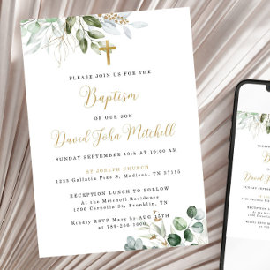 Greenery Baptism Invitation Template, Green & Gold