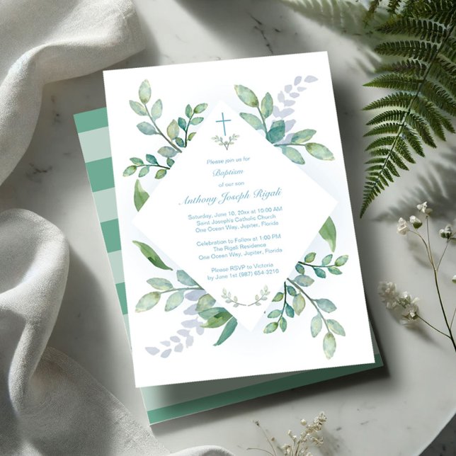 Greenery Baptism Invitations Boy (Baptism invitations boy watercolor greenery)