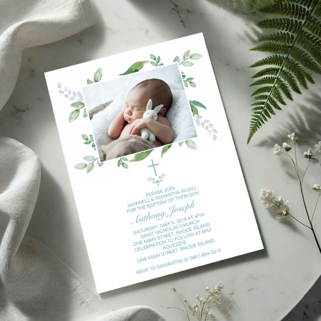 Greenery Baptism Invite Boy Photo (Photo baptism invitations boy with greenery and blue typography)
