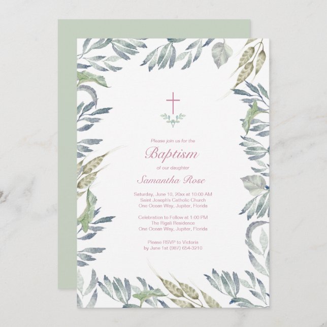 Greenery Baptism Invite, Girl Invitation (Front/Back)