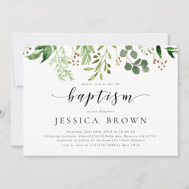 Greenery Baptism watercolor Baptism-2 Invitation (Front)