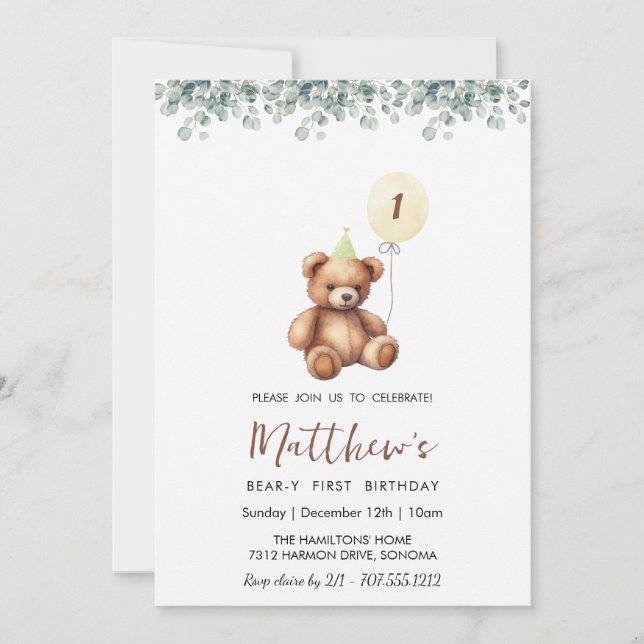 Greenery Bear ANY AGE birthday Invitation (Front)