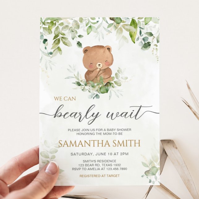 Greenery Bear Baby Shower Invitation (Bearly Wait Baby Shower Invitation)