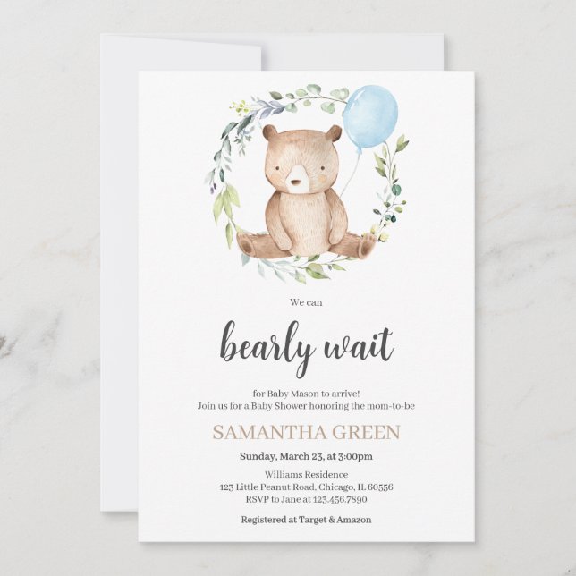 Greenery Bear Baby Shower Invitation (Front)
