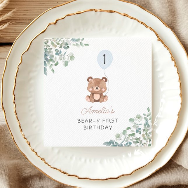 Greenery Bear Balloon 1st Birthday Gender Neutral Napkin (Creator Uploaded)