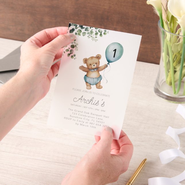Greenery Bear Birthday Invitation, first Teddy  Vellum Invitations (Handheld)