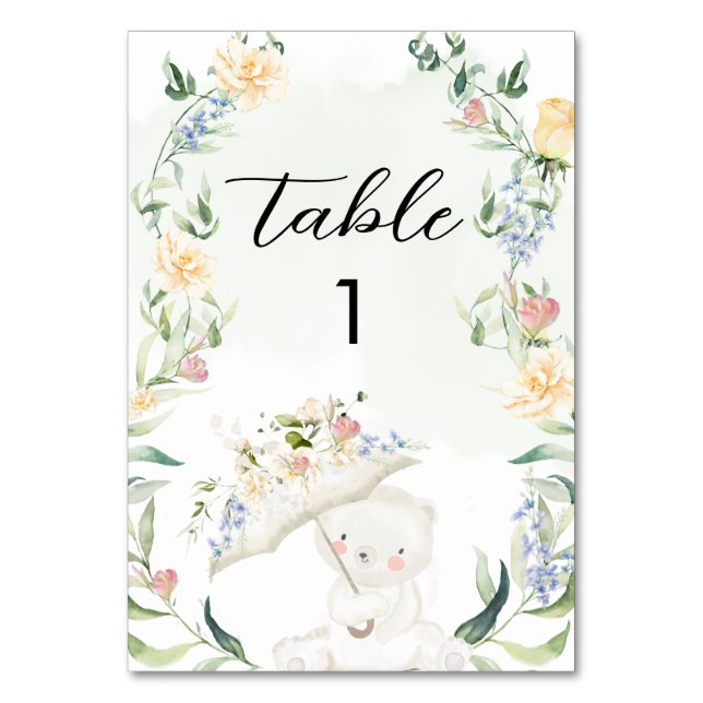 Greenery Bear Gender Neutral Floral Baby Shower  Table Number (Front)