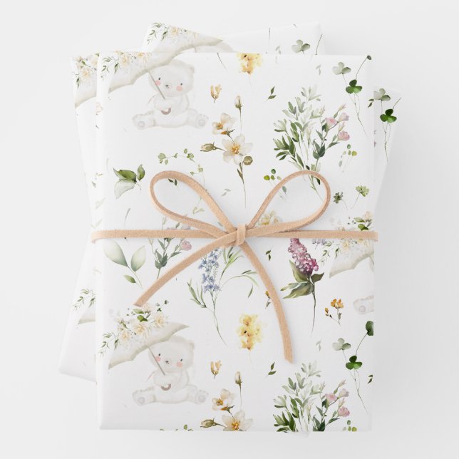 Greenery Bear Gender Neutral Floral Baby Shower  Wrapping Paper Sheet (In situ)