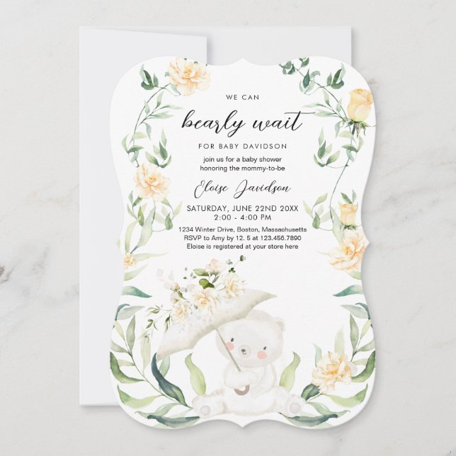 Greenery Bear Gender Neutral Yellow Baby Shower  I Invitation (Front)