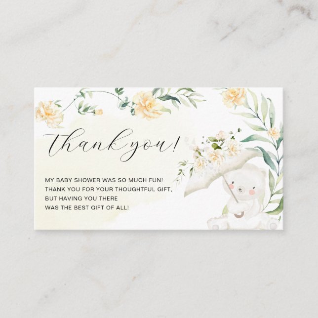 Greenery Bear Gender Neutral Yellow Thank You Enclosure Card (Front)