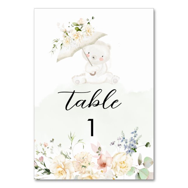 Greenery Bear Green Neutral Floral Baby Shower Table Number (Front)