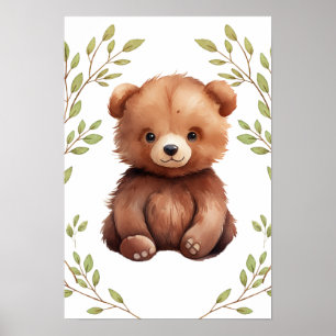 Greenery Bear Woodland Animals Nursery  Poster
