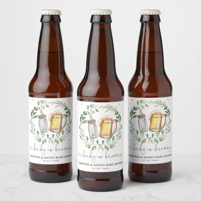 Greenery Beers Cheers Baby is Brewing Shower Favou Beer Bottle Label (Bottles)