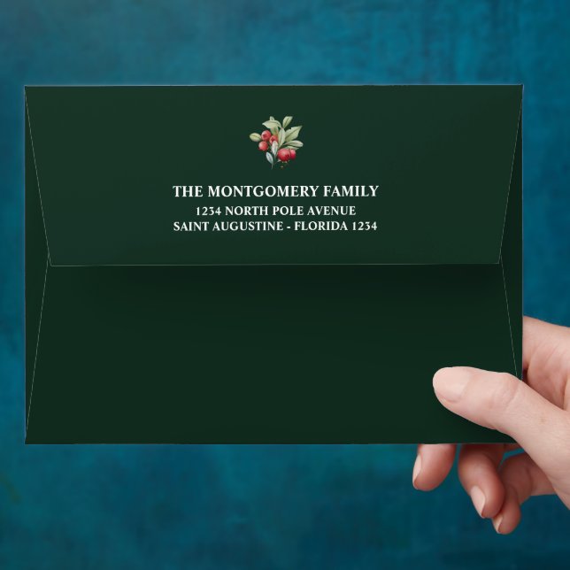 Greenery Berries Green self-addressed CHRISTMAS Envelope (Hand)