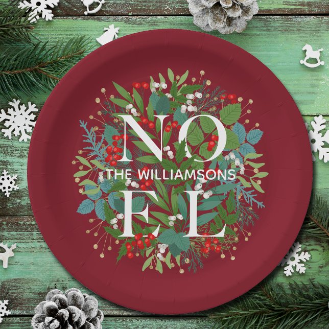 Greenery Berries NOEL Christmas Red Paper Plate (Creator Uploaded)